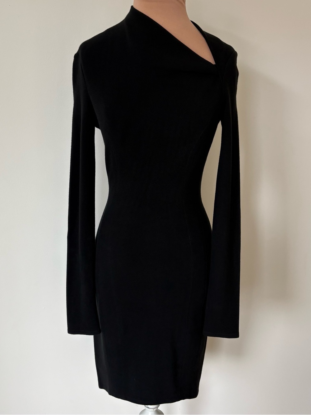 Helmut Lang Asymmetric Cowl Neck Long Sleeve Black Exposed Zipper Dress EUC Sz 2
